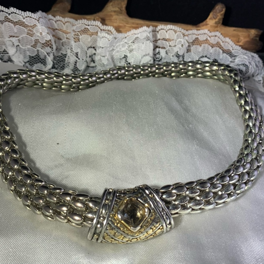 Vintage Popcorn Mesh Smokey Quartz Silver And Gold tone Chocker/Collar
